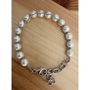 Vintage CHANEL Faux Pearl Bracelet CC Charm Silver Tone Signed Clasp 9”